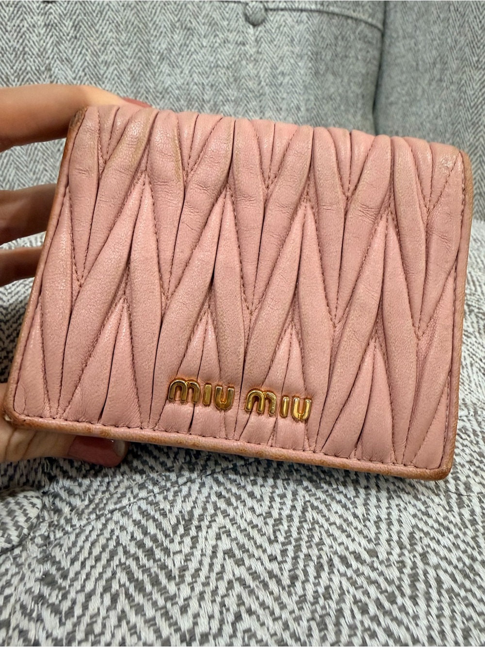 Miu Miu Rose Pink Matelassé Leather Compact Wallet with Gold Logo